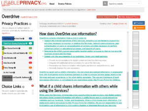 A screenshot of Usable Privacy's analysis of the OverDrive privacy policy.