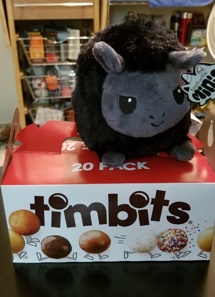 A round black llama plushie sitting on top of a box of Timbits.