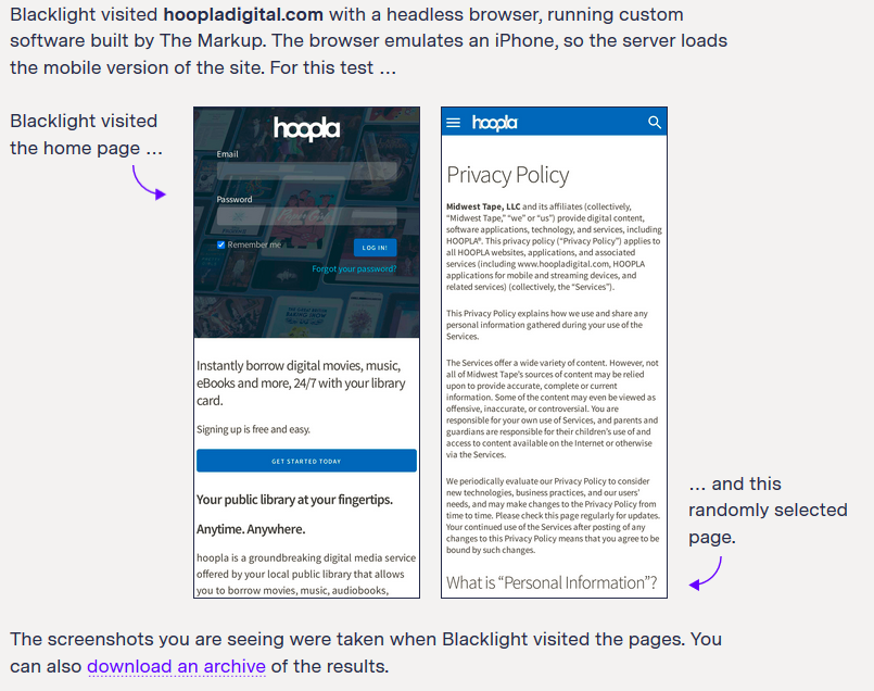 A screenshot explaining how Blacklight accessed the Hoopla homepage, including two screenshots of the mobile version of the Hoopla home page and their privacy policy.