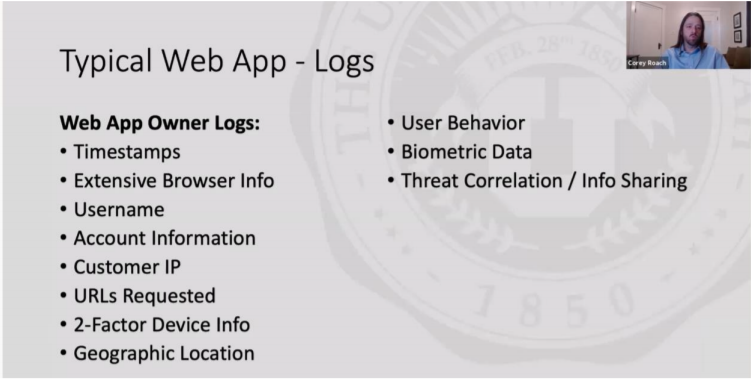 Powerpoint slide listing the types of data collected by typical web app logs, including timestamps, user behavior, biometric data, and geographic location.