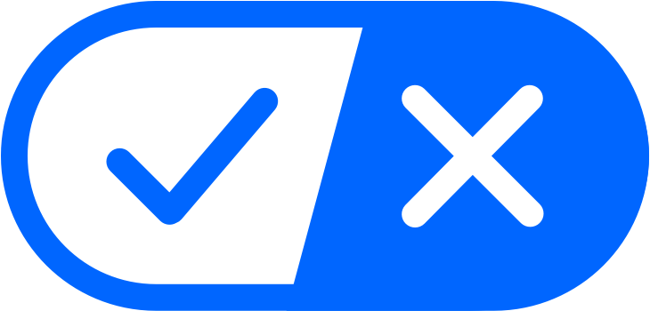 The California Consumer Privacy Act (CCPA) Opt-Out Icon. A long rounded horizontal oval containing a blue checkmark on white on one side, and a white X on blue on the other side.